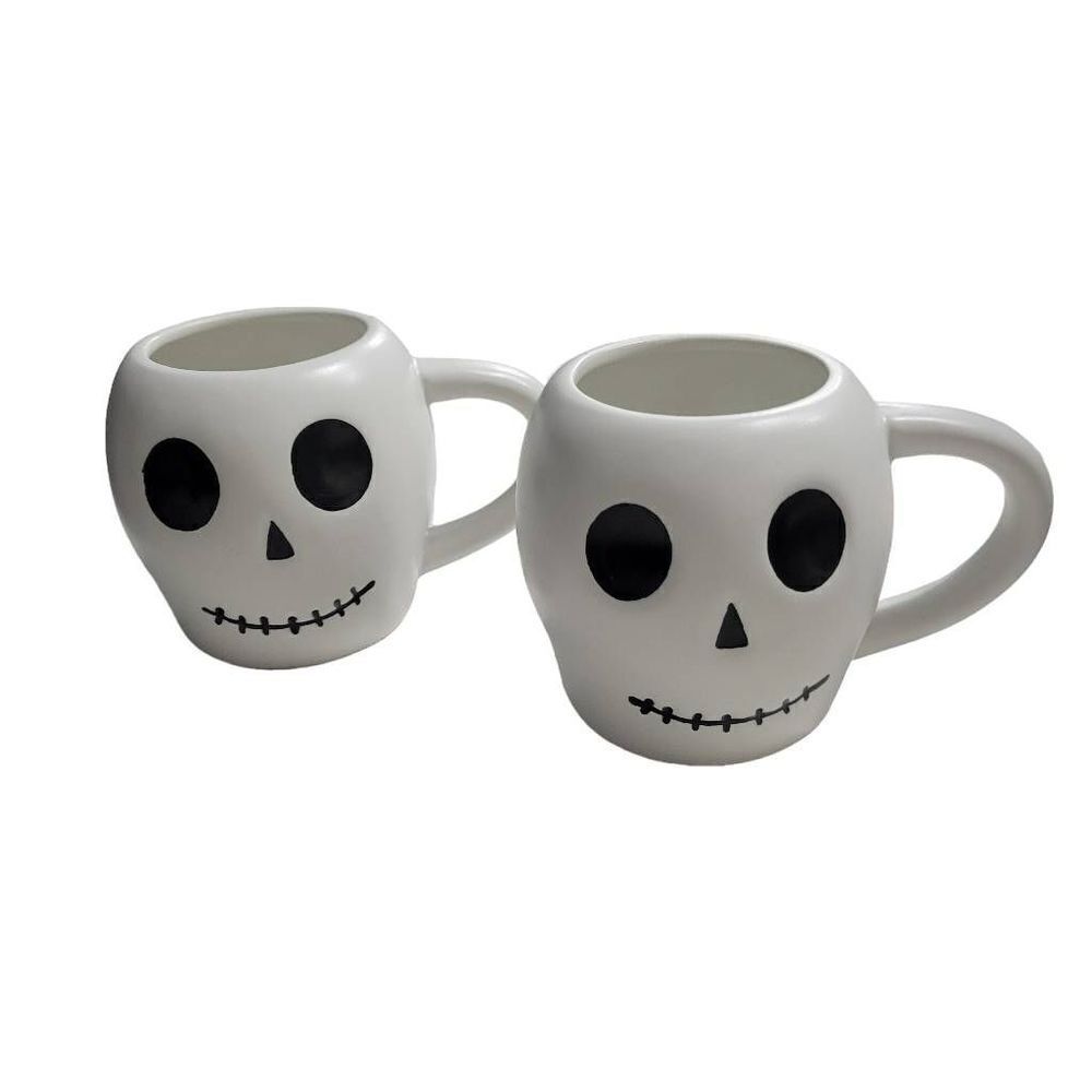 HALLOWEEN SPRITZ SET OF 2 SKULL COFFEE MUGS 12 OZ. STONEWARE